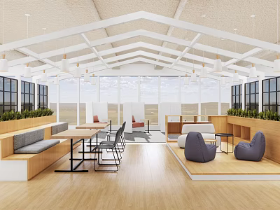 Modern Restaurant Interior Design With Open Layout Wooden Floors Tables Sofas And Green Plants 3d model