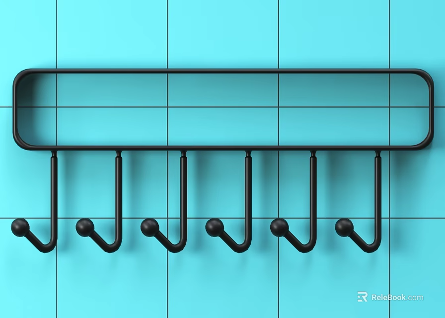 Black Wall Mounted Hook Rack With Multiple Hooks On Blue Tile Wall For Daily Use 3d model 
