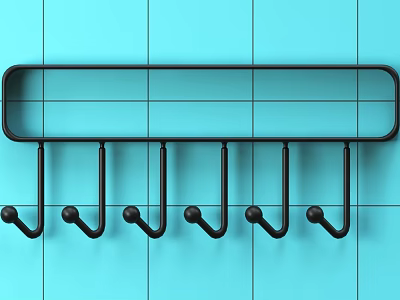 Black Wall Mounted Hook Rack With Multiple Hooks On Blue Tile Wall For Daily Use 3d model