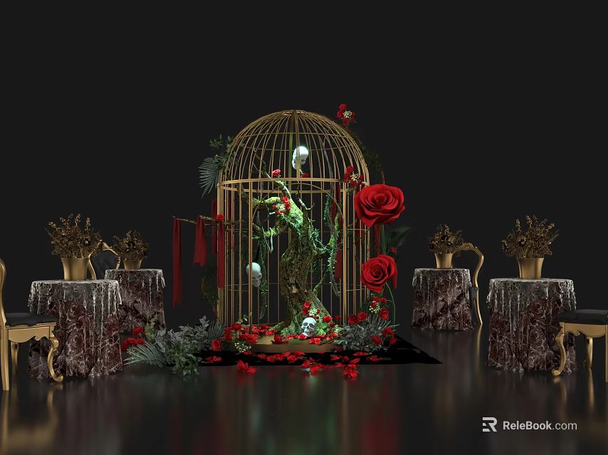 Romantic Decorative Scene With Golden Birdcage Red Roses Greenery Decorative Tables And Petals 3d model 