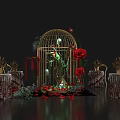 Romantic Decorative Scene With Golden Birdcage Red Roses Greenery Decorative Tables And Petals