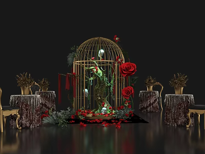 Romantic Decorative Scene With Golden Birdcage Red Roses Greenery Decorative Tables And Petals 3d model