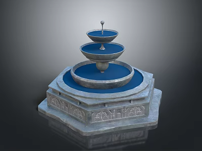Three Tiered Decorative Fountain with Carved Stone Base and Blue Water Basin 3d model