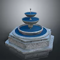 Three Tiered Decorative Fountain with Carved Stone Base and Blue Water Basin