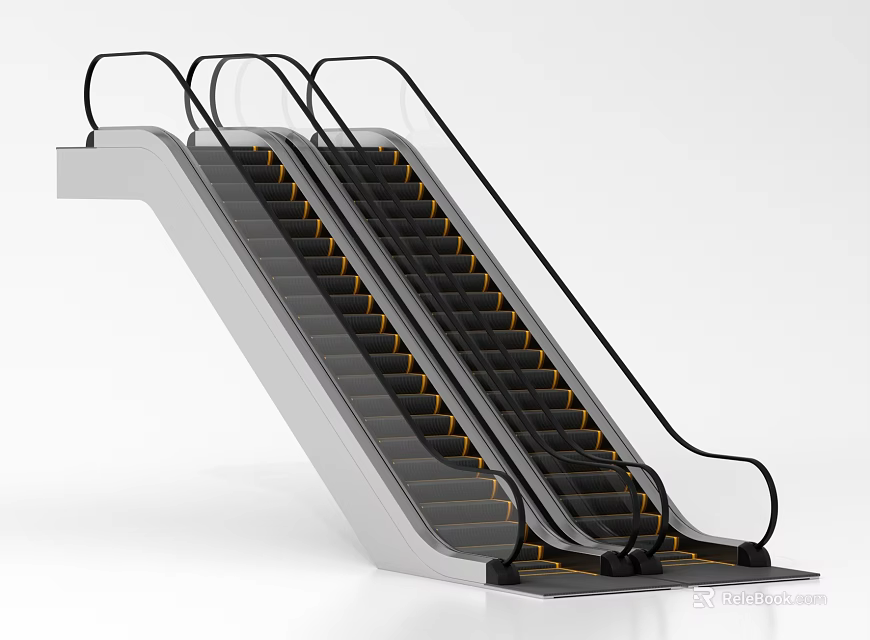 Modern Escalator Featuring Black Handrails Silver Structure and Dark Steps with Yellow Edge 3d model