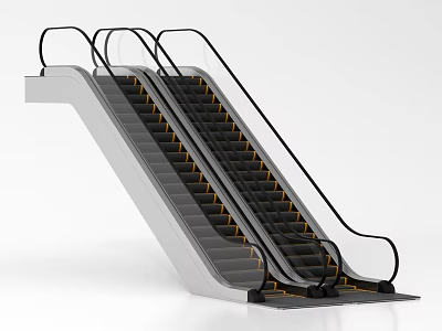 Modern Escalator Featuring Black Handrails Silver Structure and Dark Steps with Yellow Edge 3d model