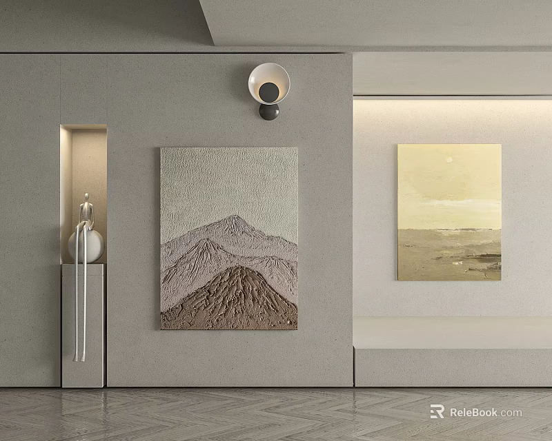 Modern Interior Wall With Textured Art Paintings And Ceiling Light Fixture 3d model