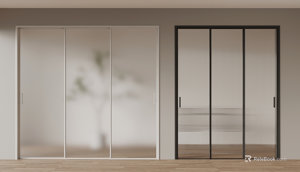 Sliding Doors with White and Black Frames Transparent Glass and Vertical Slats on Wooden Floor 3d model 