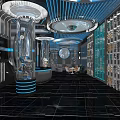 Modern Futuristic KTV Interior With Blue Lighting Circular Ceiling Bar Counter And Geometric Seats
