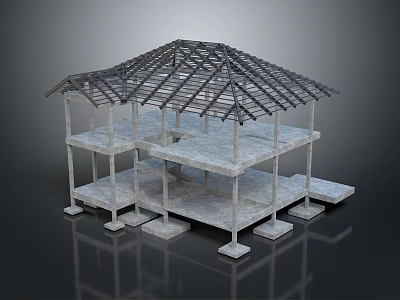 Open Unfinished Building Structure With Roof Trusses Supporting Columns Multi-level Platforms And Foundation 3d model