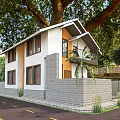 Two Story Detached Villa With White And Gray Exterior Large Trees Stone Wall And Driveway