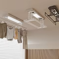 Modern Retractable Ceiling Clothes Drying Racks With LED Lights Hanging Clothes Near Wooden Panel Wall