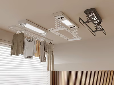 Modern Retractable Ceiling Clothes Drying Racks With LED Lights Hanging Clothes Near Wooden Panel Wall 3d model