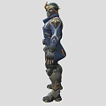 Detailed Game Movie Character with Blue Coat Golden Helmet and Black Armor