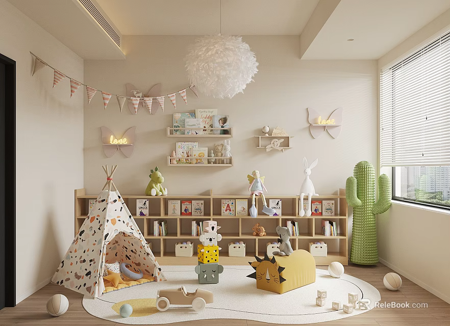 Cozy Playroom Interior With Teepee Tent Toys Bookshelves Rabbit Plush And Cactus Decor 3d model 