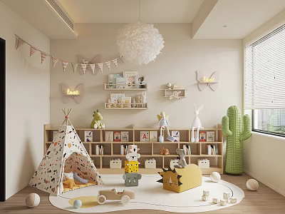 Cozy Playroom Interior With Teepee Tent Toys Bookshelves Rabbit Plush And Cactus Decor 3d model