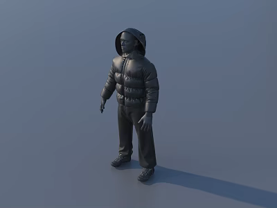 Full Length Model Wearing Hooded Puffer Jacket And Pants On Gray Background 3d model