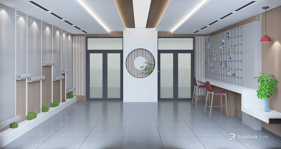 School Entrance Hall Modern Design Glass Doors Circular Decor Green Plants Bar Counter Red Chairs 3d model 