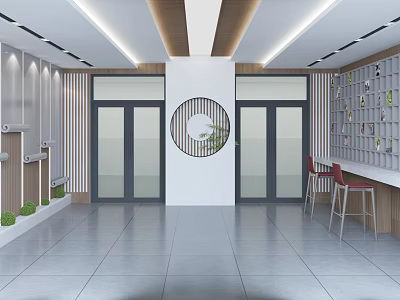 School Entrance Hall Modern Design Glass Doors Circular Decor Green Plants Bar Counter Red Chairs 3d model