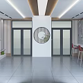 School Entrance Hall Modern Design Glass Doors Circular Decor Green Plants Bar Counter Red Chairs