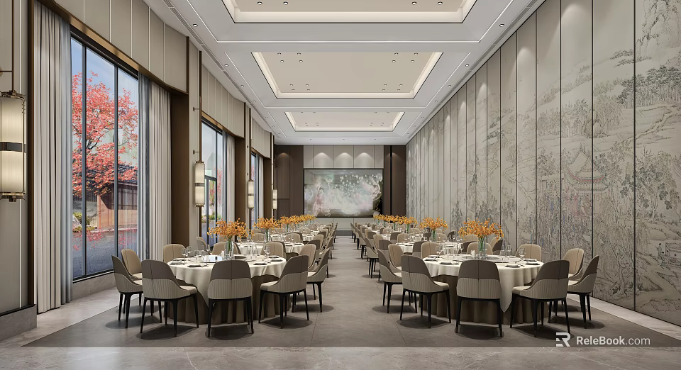 Elegant Spacious Chinese Style Banquet Hall With Round Tables Chairs Decorative Paintings Windows And Chandeliers 3d model 