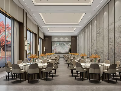 Elegant Spacious Chinese Style Banquet Hall With Round Tables Chairs Decorative Paintings Windows And Chandeliers 3d model