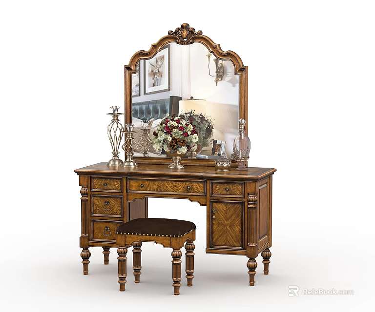 Classic Wooden Dressing Table With Ornate Mirror Flower Vase And Upholstered Stool 3d model 