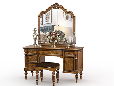 Classic Wooden Dressing Table With Ornate Mirror Flower Vase And Upholstered Stool 3d model