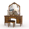 Classic Wooden Dressing Table With Ornate Mirror Flower Vase And Upholstered Stool