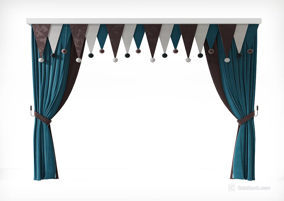 Decorative Teal And Brown Curtains With Triangular Pennants Tassel Balls And Tiebacks 3d model 