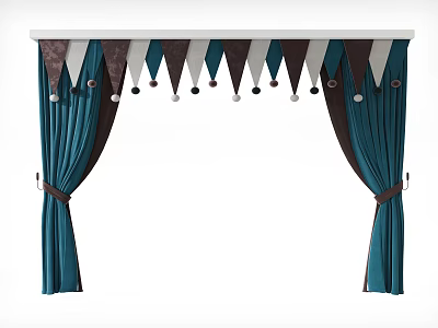 Decorative Teal And Brown Curtains With Triangular Pennants Tassel Balls And Tiebacks 3d model