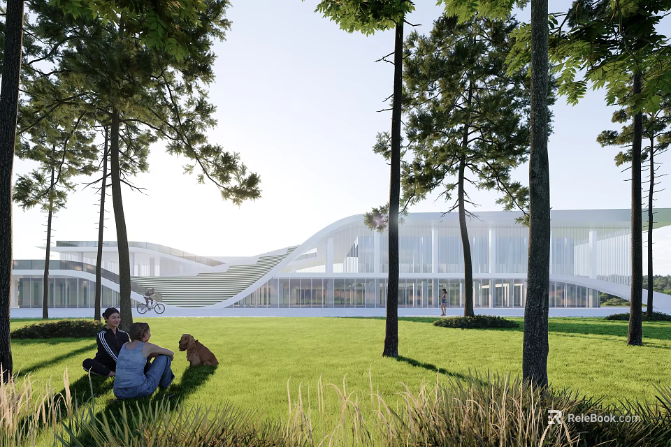 Modern Building With Green Lawn Trees People Dog And Bicycle In Park Area 3d model 