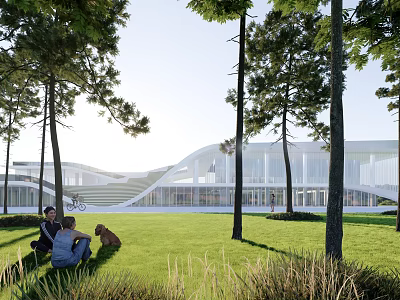 Modern Building With Green Lawn Trees People Dog And Bicycle In Park Area 3d model