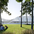 Modern Building With Green Lawn Trees People Dog And Bicycle In Park Area