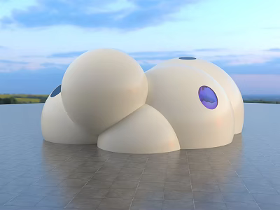 Modern White Spherical Architectural Structure With Round Purple Windows And Outdoor Setting 3d model