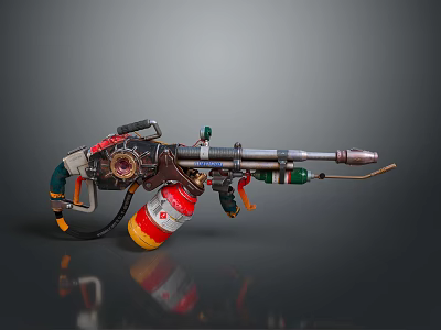 Custom Mechanical Weapon Design With Colorful Tank And Metal Nozzle Parts 3d model