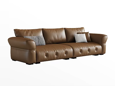 Modern Brown Leather Sectional Sofa With Tufted Design And Decorative Pillows 3d model