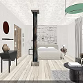 Modern Elevator Hallway Featuring Wooden Walls Gray Shelves Clay Pots Books And Stone Tile Floor