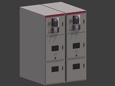 Industrial Control Cabinets Two Adjacent Gray Units Featuring Control Panels Observation Windows And Top Indicators 3d model