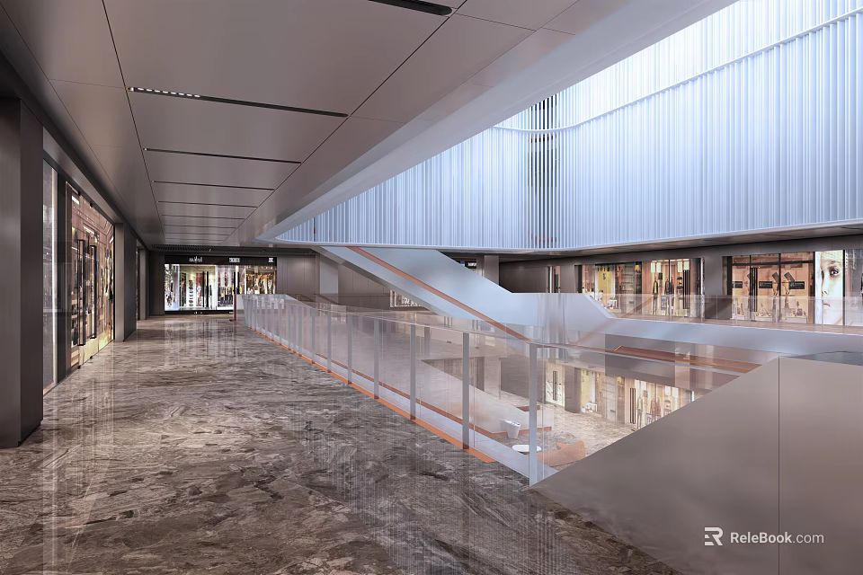Modern Shopping Mall Lobby With Glass Railing Staircase Marble Flooring And Storefronts 3d model 