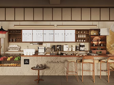 Cozy Tea House Interior Design With Coffee Tea Counter Fruit Display And Wooden Stools 3d model