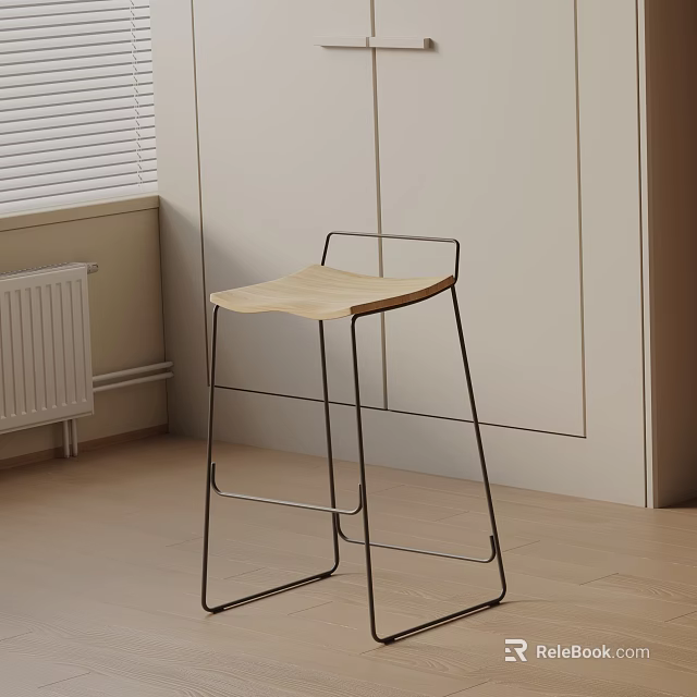 Stylish Bar Stool With Wooden Seat Metal Frame White Walls Wooden Floor And Window Blinds 3d model 