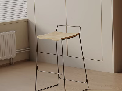 Stylish Bar Stool With Wooden Seat Metal Frame White Walls Wooden Floor And Window Blinds 3d model