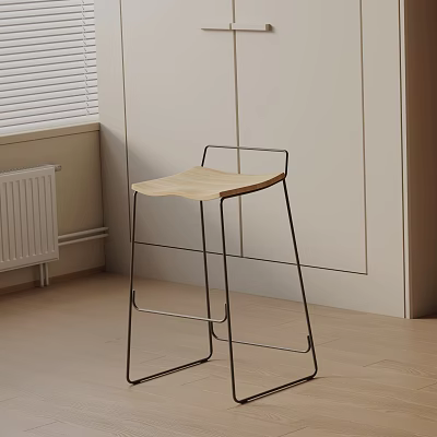 Stylish Bar Stool With Wooden Seat Metal Frame White Walls Wooden Floor And Window Blinds 3d model