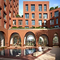 Modern Multi Story Office Building with Red Brick Arched Windows in Urban Setting and Trees