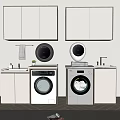 White Bathroom Cabinet With Washing Machine Dryer Towel Rack Green Plant And Faucet