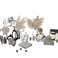 Modern Decorative Ornament Set With Pampas Grass Vases White Rabbit Figurine And Geometric Decor