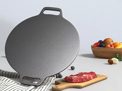 Large Black Slate Griddle With Raw Meat And Fruits In Wooden Bowl 3d model