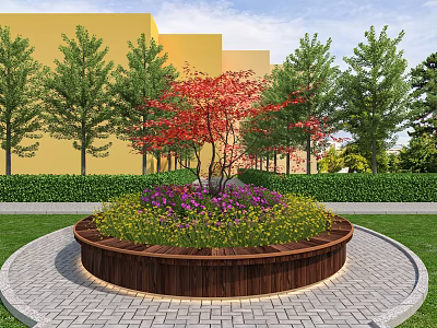 Garden Landscape Featuring Circular Flowerbed Red Maple Tree Purple Yellow Flowers Wooden Border Green Hedges 3d model