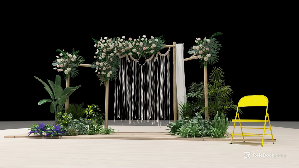 Commercial Event Decor Equipment With Floral Arch Hanging Stripes Green Plants And Yellow Chair 3d model 